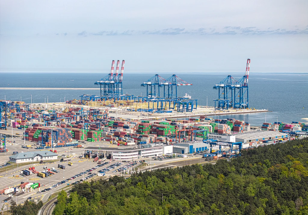 Baltic Hub dysponuje ponad 124 hektarami powierzchni, około 2,1 głębokowodnego nabrzeża Terminal kontenerowy z licznymi kontenerami ustawionymi na placu, dźwigi portowe nad brzegiem morza, w tle spokojna tafla wody oraz fragment zielonego lasu.