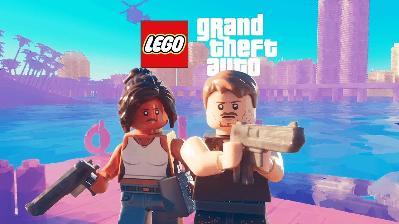 Dwie postacie LEGO uzbrojone w pistolety stoją na tle miejskiego krajobrazu z wieżowcami i palmami, widoczne logo LEGO oraz stylizacja graficzna nawiązująca do serii Grand Theft Auto.