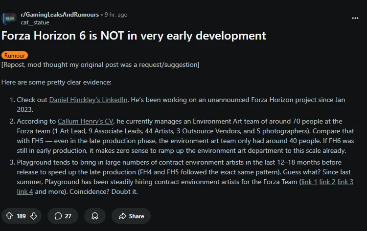 Zrzut ekranu z forum internetowego, na którym użytkownik przedstawia argumenty przemawiające za tym, że gra Forza Horizon 6 nie znajduje się na wczesnym etapie produkcji; widoczne listowanie dowodów wraz z odnośnikami do profili pracowników zespołu dew...