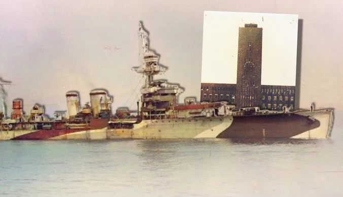 Polska otrzymała ORP Conrad od Royal Navy. W przeszłości służył jako HMS Danae. W tle ratusz w Wilhelmshaven, na którym zawieszono polską flagę
