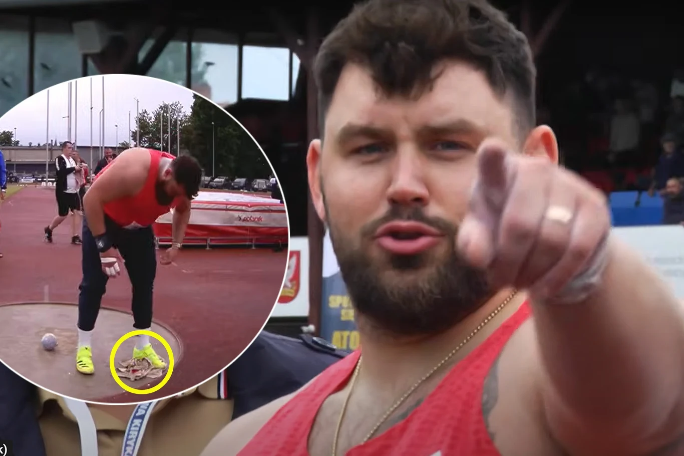 Konrad Bukowiecki wygrał mityng w deszczowej Oleśnicy z gigantyczną przewagą. Sam wycierał koło Mężczyzna w sportowej koszulce na pierwszym planie wskazuje palcem w stronę aparatu, za nim wstawka przedstawiająca tę samą osobę na stadionie lekkoatletycznym podczas przygotowań do pchnięcia kulą.