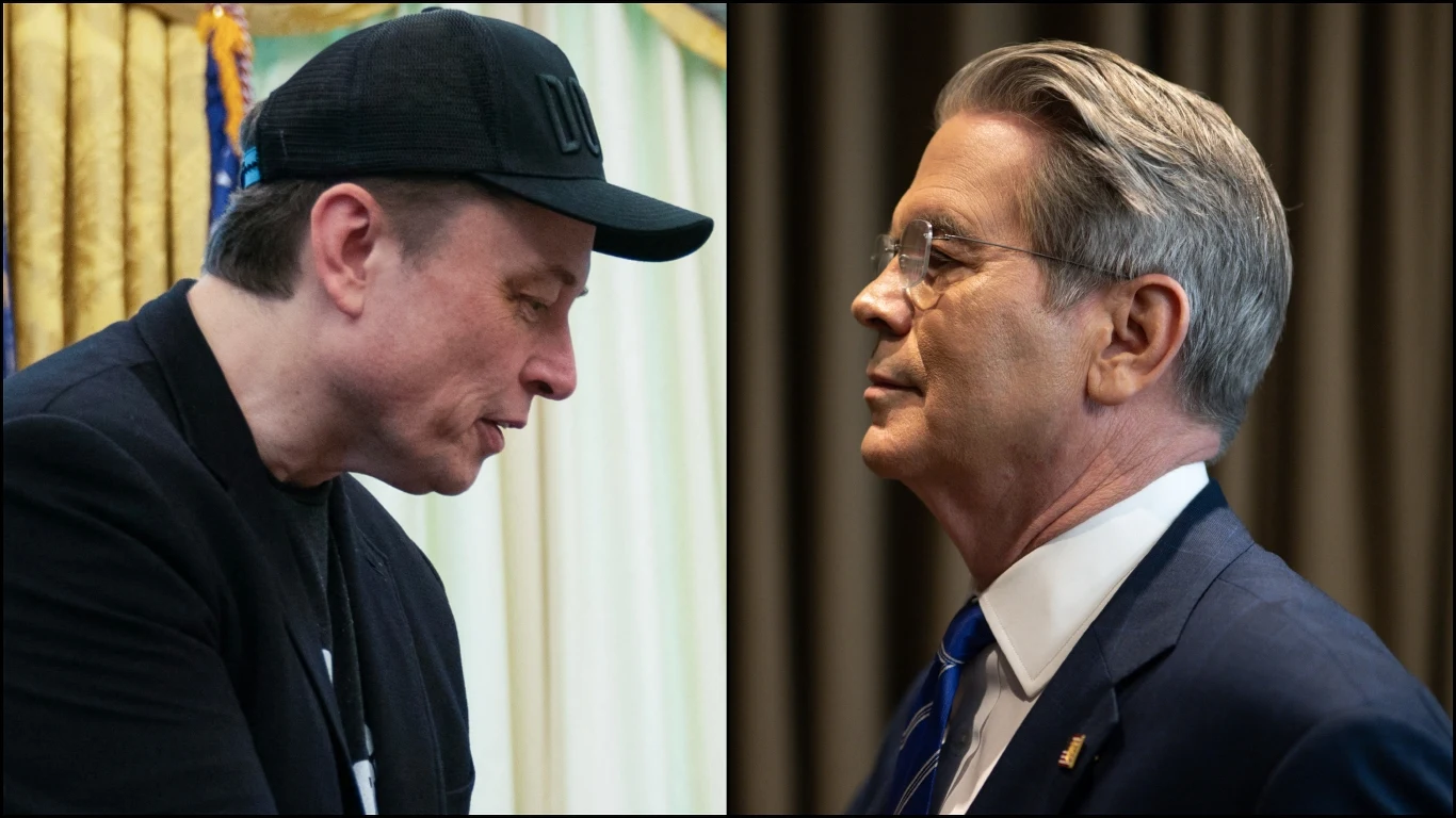 Elon Musk miał pobić się ze Scottem Bessentem w Białym Domu Dwie osoby umieszczone na tle podzielonego kadru, po lewej mężczyzna w ciemnej czapce z daszkiem i ubraniu sportowym, po prawej mężczyzna w garniturze i krawacie, patrzący w swoją stronę z neutralnym wyrazem twarzy.