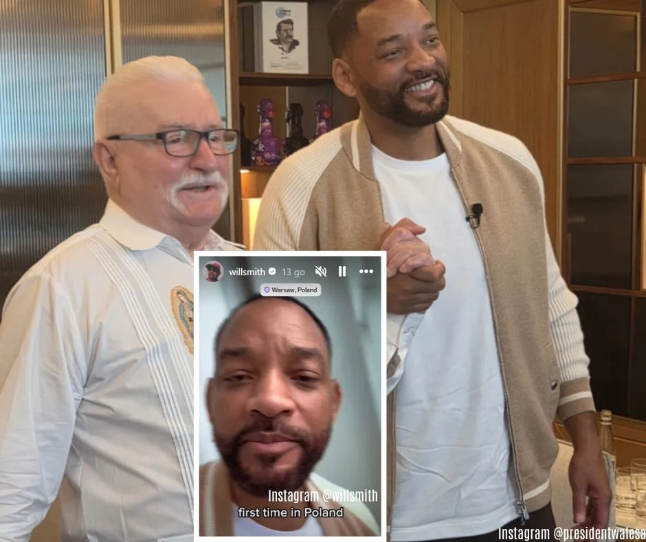 Dwóch uśmiechniętych mężczyzn stoi obok siebie i uściska dłonie, w tle regał z półkami, pośrodku wstawione zdjęcie przedstawiające selfie jednego z mężczyzn z podpisem o jego pierwszej wizycie w Polsce.