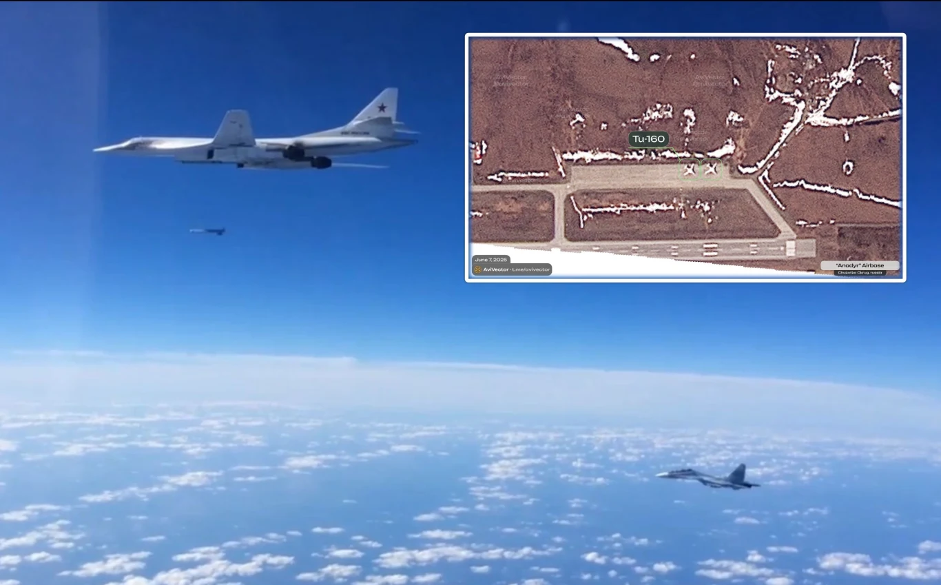 Tu-160 wystrzeliwujący rakietę manewrującą Ch-101 przeciwko celom w Syrii w listopadzie 2015 r. i aktualne zdjęcia satelitarne bazy lotniczej Anadyr Wysoko nad chmurami dwa wojskowe samoloty lecą nad niebem, jeden z nich prawdopodobnie jest bombowcem strategicznym, drugi myśliwcem. W prawym górnym rogu widoczna wstawka satelitarna przedstawiająca pas startowy z oznaczeniem Tu-160.