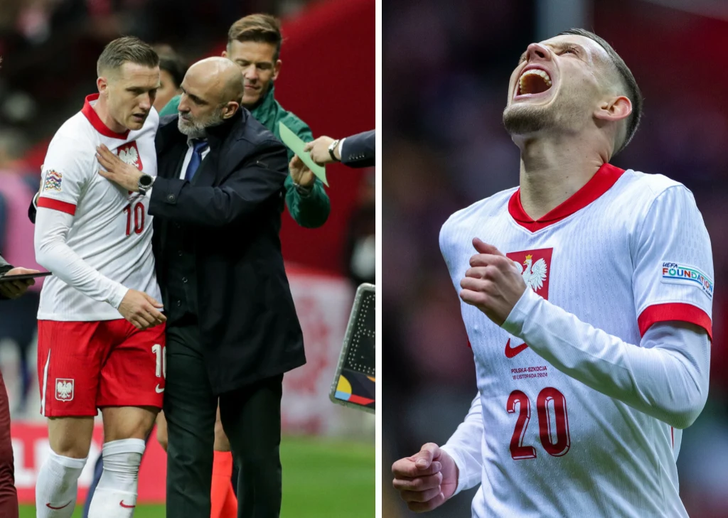 Reprezentacja Polski. Na zdjęciu Piotr Zieliński, trener Michał Probierz oraz Sebastian Szymański Reprezentacja Polski. Na zdjęciu Piotr Zieliński, trener Michał Probierz oraz Sebastian Szymański