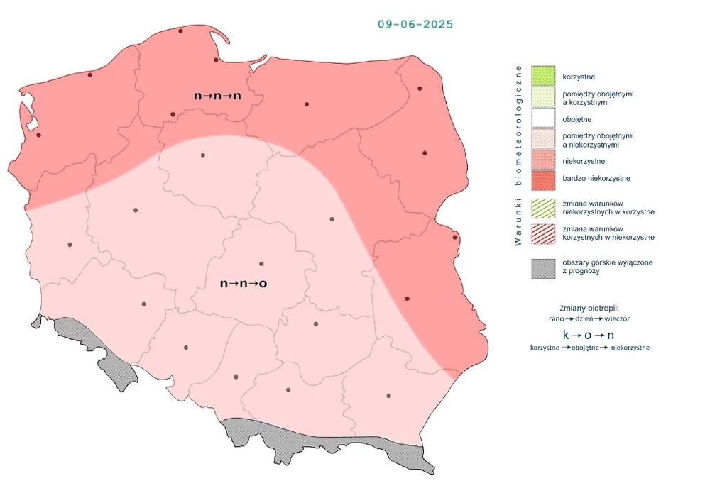 Mapa Polski podzielona na strefy zaznaczone różnymi odcieniami koloru czerwonego i szarego, opisujące wpływ warunków biometeorologicznych na samopoczucie mieszkańców w dniu 09-06-2025; legenda po prawej stronie wyjaśnia znaczenie kolorów i skrótów.