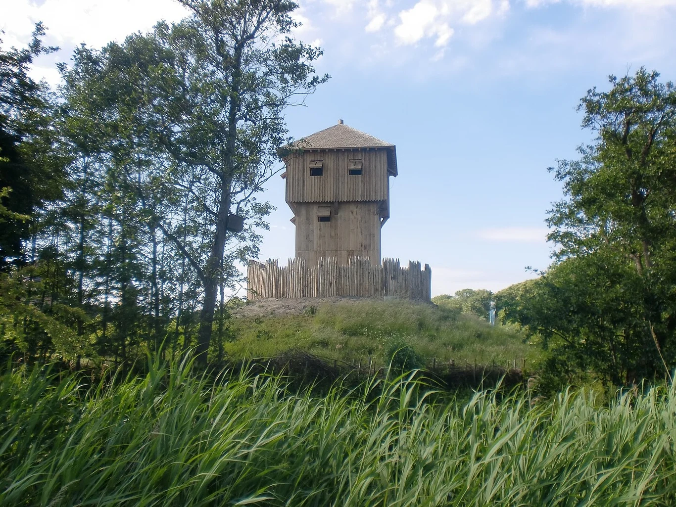 Zrekonstruowana rezydencja rycerska typu motte. Czy to właśnie w takim obiekcie mieszkał rycerz Bogusz Sironowicz? Być może badacze z czasem podzielą się nowymi danymi na temat odkrycia koło Sieroniowic. Drewniana wieża obronna otoczona palisadą, usytuowana na pagórku, w otoczeniu drzew i wysokiej trawy, pod błękitnym niebem.