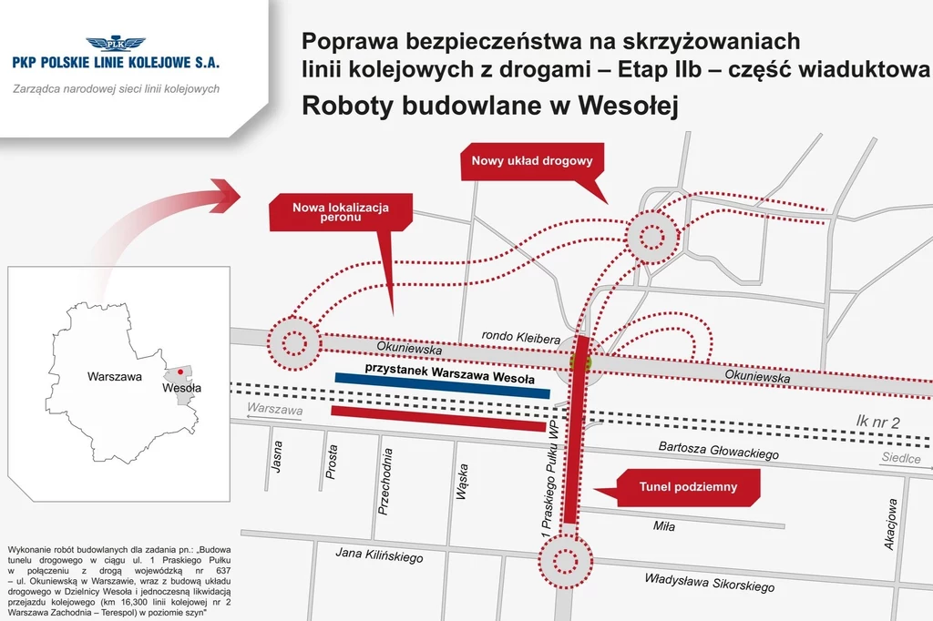Oprócz budowy samego tunelu inwestycja zakłada m.in. stworzenie trzech rond oraz rozbudowę istniejących dróg. Schemat inwestycji infrastrukturalnej w Wesołej pokazujący lokalizację nowego układu drogowego, tunelu podziemnego oraz przystanku Warszawa Wesoła wraz z przebiegiem linii kolejowej i otaczającymi ulicami, na tle mapy lokalizacyjnej.