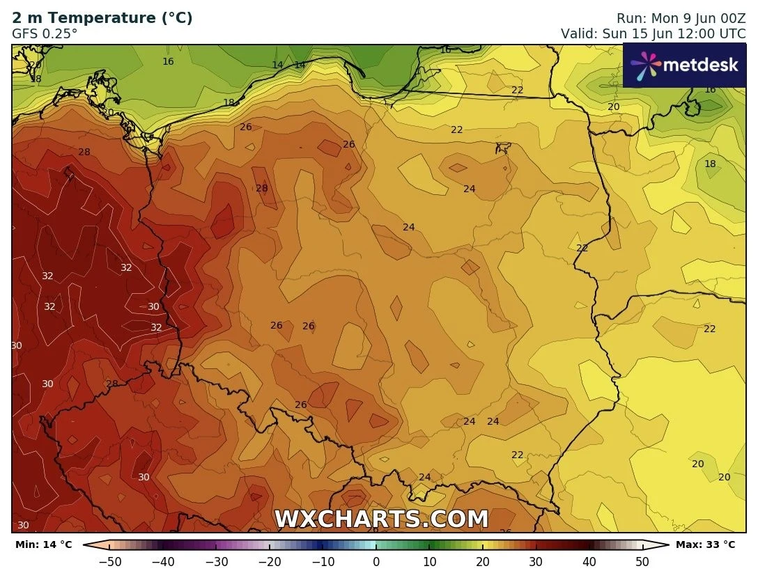 Mapa przedstawia prognozowane temperatury powietrza na poziomie 2 metrów nad powierzchnią gruntu na obszarze Polski i części Niemiec, z najwyższymi wartościami na zachodzie oraz niższymi na wschodzie, kolory określają zakresy temperatur.