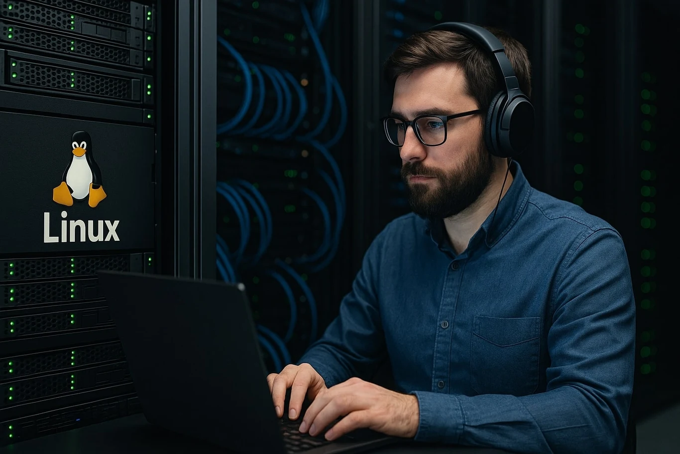 Mężczyzna w słuchawkach pracuje przy laptopie w serwerowni, po lewej stronie widoczny znak Linuxa na obudowie serwera z charakterystycznym pingwinem, w tle rzędy szaf serwerowych z podświetlonymi diodami.
