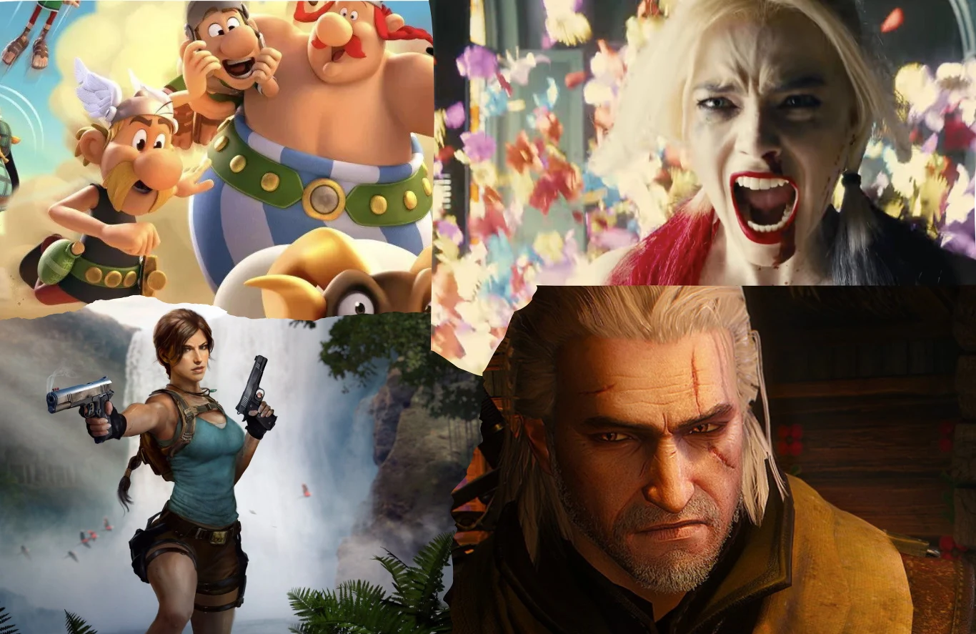 Rozpoznasz wszystkie kultowe postacie? Sprawdź, czy zgarniesz 10/10 w tym quizie! Zdjęcie ilustracyjne. Kolaż ukazujący znane postacie z popkultury i gier komputerowych: Asteriks i Obeliks u góry po lewej, kobieta z rozchylonymi ustami i ekspresją krzyku wśród kolorowych konfetti u góry po prawej, bohaterka z bronią skierowaną do przodu w scenerii tropik...