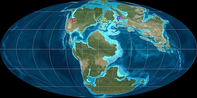Mapa świata w epoce jury. Kontynenty leżały bliżej siebie Mapa paleogeograficzna Ziemi ukazująca dawny rozkład kontynentów oraz oceanów, z zaznaczonymi kolorowymi znacznikami wskazującymi konkretne lokalizacje na superkontynencie Pangea.