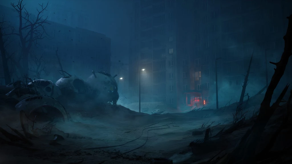 Cronos: The New Dawn Opuszczone, zdewastowane ulice w nocnej scenerii, otoczone martwymi drzewami i wrakami pojazdów, z pojedynczymi źródłami światła sączącymi się z latarni oraz czerwonym światłem rozświetlającym wejście do budynku w tle.