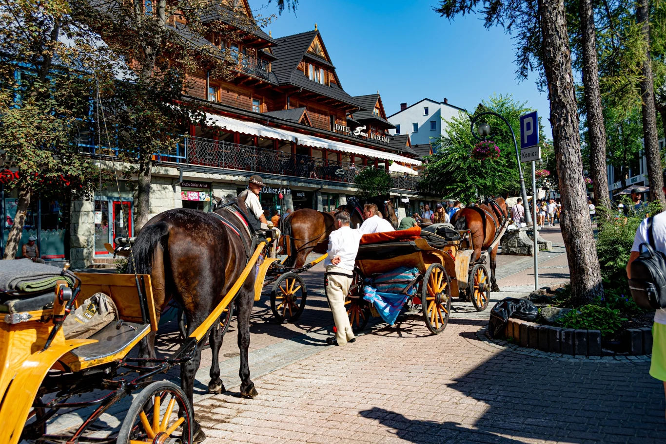 Zakopane może stracić burmistrza (zdj. ilustracyjne) Bryczki zaprzężone w konie stoją przy brukowanej ulicy w otoczeniu drewnianych budynków w stylu góralskim, w tle spacerują przechodnie, a pogoda jest słoneczna.