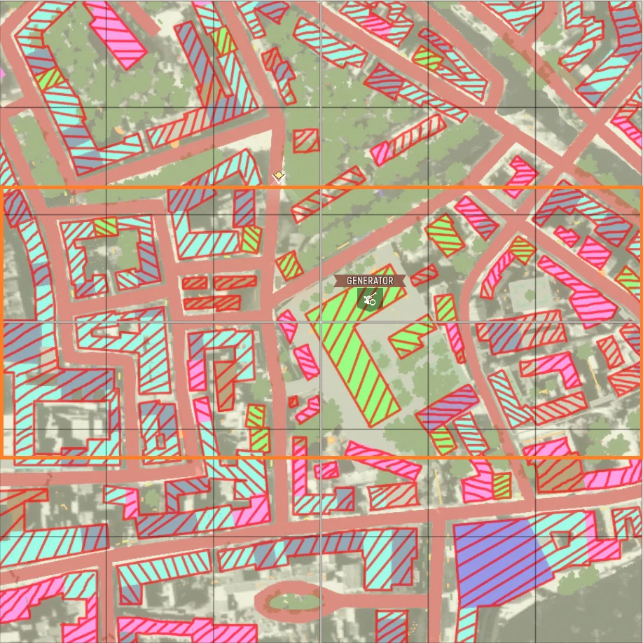 Kolorowa mapa obszaru miejskiego z nakładkami w postaci wielobarwnych, ukośnych pasów oznaczających różne strefy oraz obiekt centralny oznaczony jako 'GENERATOR'.