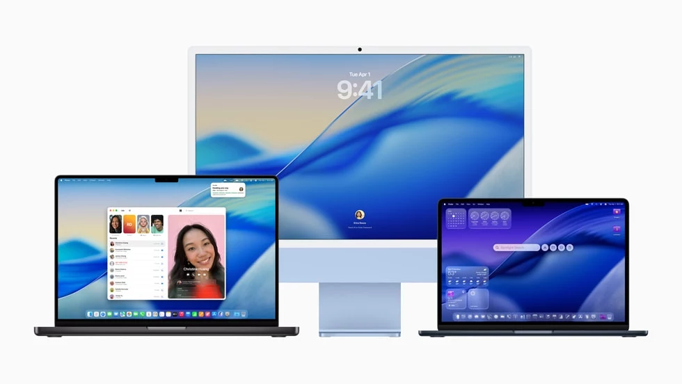 macOS Tahoe wraz z Liquid Glass wprowadza duże zmiany wizualne. Trzy urządzenia firmy Apple – dwa laptopy i komputer stacjonarny iMac. Na ekranach widać interfejsy systemów operacyjnych, rozmowę wideo oraz widok pulpitu, co podkreśla funkcjonalność sprzętu i spójność ekosystemu.