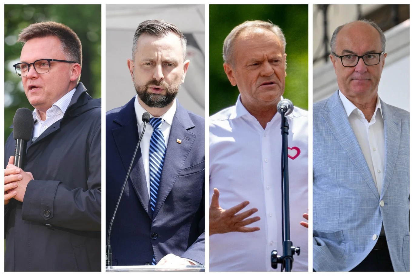 Liderzy koalicji mają pytania do premiera Donalda Tuska Czterech mężczyzn w różnych sytuacjach publicznych, każdy z nich ubrany formalnie, patrzący w stronę obiektywu lub przemawiający, zdjęcia ułożone w kolumny obok siebie.