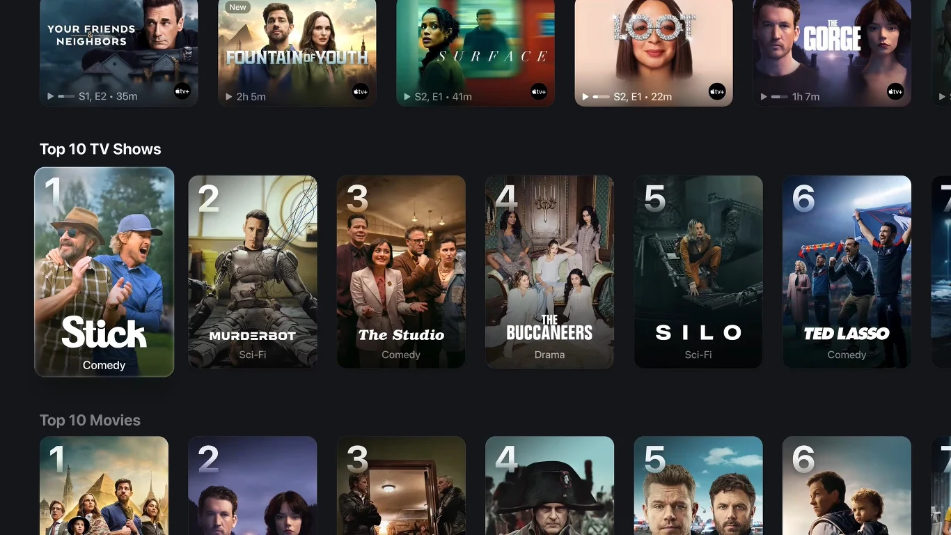 Galeria filmów w tvOS 26 na Apple TV Ranking najpopularniejszych seriali i filmów prezentowany w formie miniaturek, wśród których wyróżniają się okładki z tytułami, numerami miejsc oraz nazwami gatunków, takich jak komedia, dramat oraz science fiction.