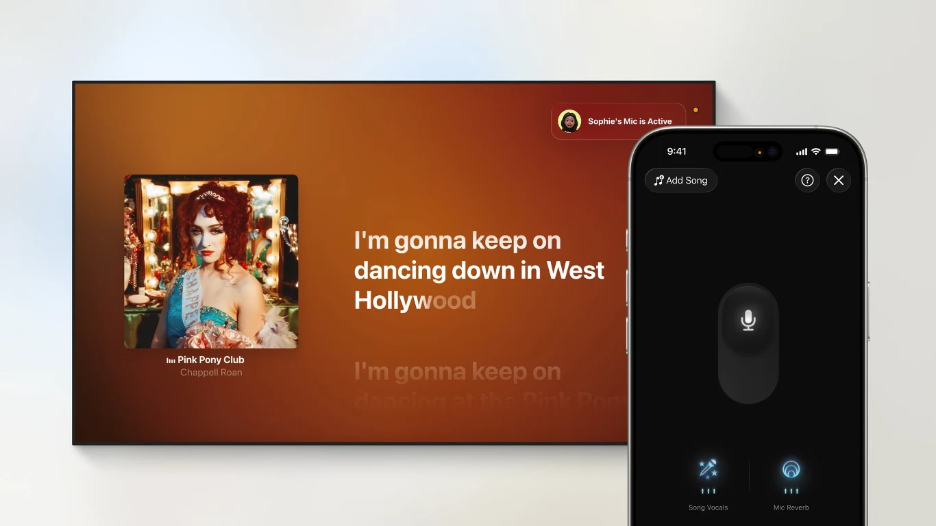 Karaoke na Apple TV z iPhonem służącym za mikrofon Ekran telewizora z wyświetloną okładką albumu i fragmentem tekstu piosenki 'I'm gonna keep on dancing down in West Hollywood', obok znajdujący się smartfon z otwartą aplikacją do kontroli odtwarzania muzyki.