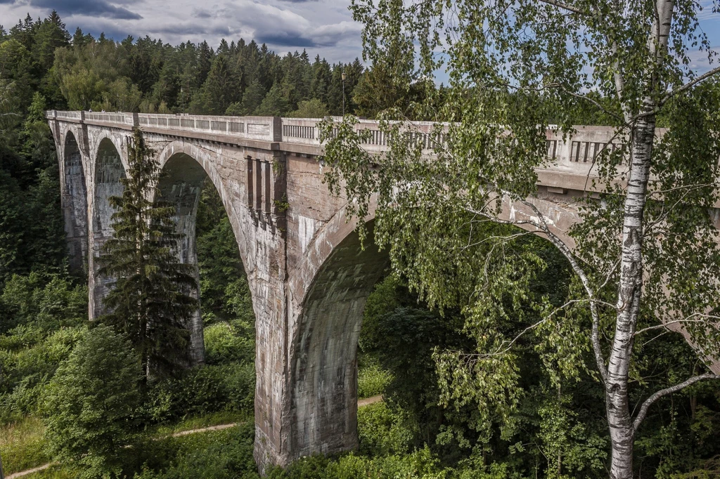 Duży, betonowy most łukowy przebiegający nad zieloną doliną, otoczony gęstym lasem i wysokimi drzewami, w tle widoczne chmury na niebie