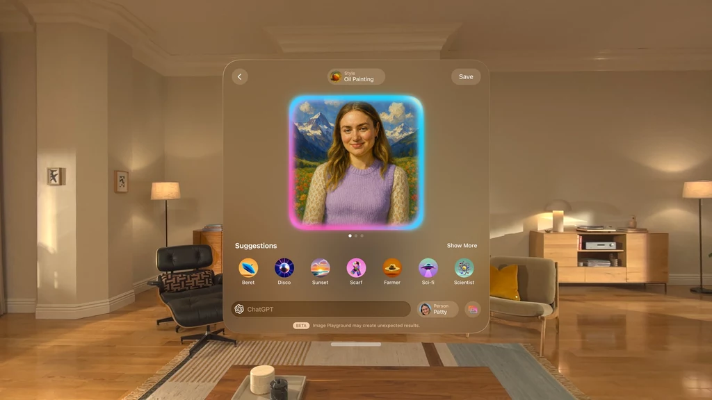 Liquid Glass czerpie inspirację z designu visionOS 26 na Apple Vision Pro Przytulny i nowoczesny salon z drewnianą podłogą, jasnymi ścianami i designerskimi meblami, w centrum widoczne holograficzne okno z cyfrowym awatarem kobiety oraz różnymi opcjami graficznymi wokół jej zdjęcia.