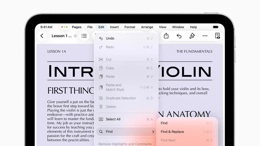 Nowy pasek menu na iPadOS 26 Fragment ekranu tabletu z otwartą aplikacją do tworzenia i edycji dokumentów tekstowych, widoczny tekst dotyczący lekcji gry na skrzypcach, na ekranie menu edycji tekstu z opcją cofnięcia, wycinania, kopiowania oraz wyszukiwania i zamiany.