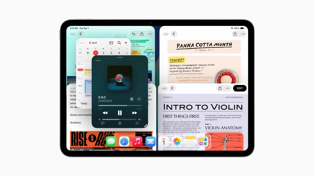 Stage Manager z ulepszonym zarządzaniem oknami na iPadOS 26 Ekran tabletu z podzielonym interfejsem, na którym widoczne są cztery różne aplikacje, w tym odtwarzacz muzyki, przeglądarka internetowa, notatka dotycząca panna cotta oraz notatki z lekcji gry na skrzypcach.