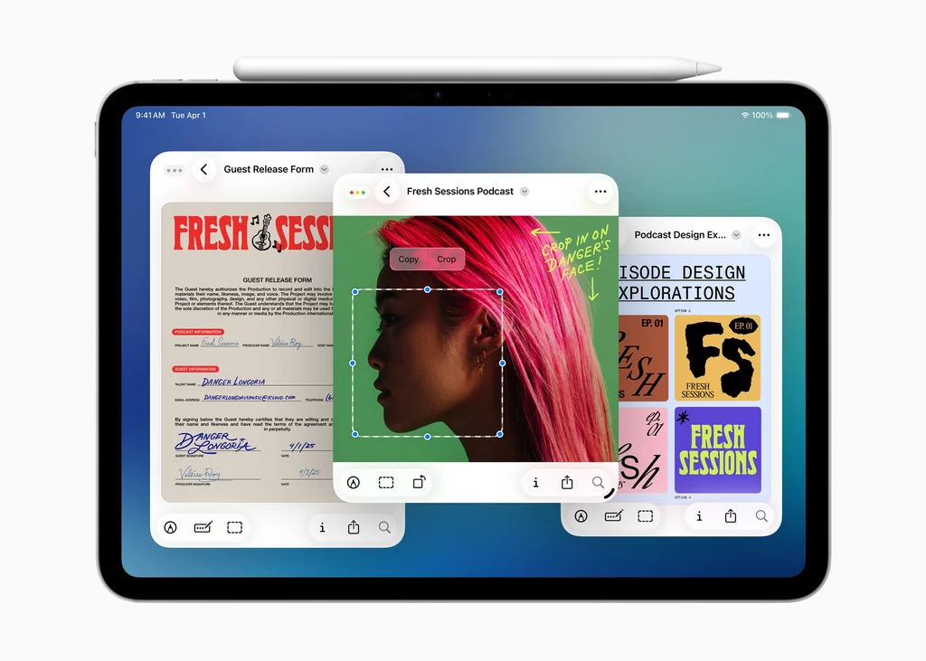 Aplikacja Preview trafi do iPadOS 26 Wyświetlacz tabletu z otwartymi kilkoma aplikacjami, na ekranie widoczna jest grafika z kolorowym portretem, projekt podcastu, formularz wydania oraz szkice graficzne i logo.
