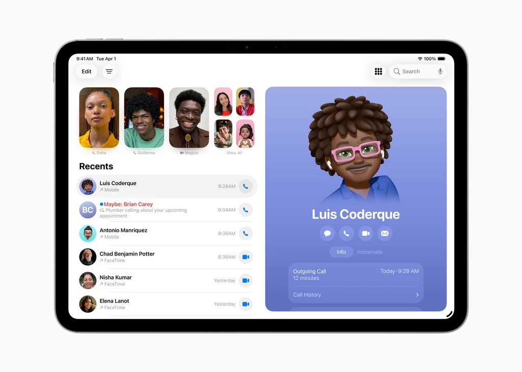 Aplikacja Phone na iPada w iPadOS 26 Tablet z uruchomioną aplikacją do wideorozmów, wyświetlający listę ostatnich kontaktów z miniaturami zdjęć osób oraz szczegóły profilu wybranego kontaktu z dużą grafiką memoji.
