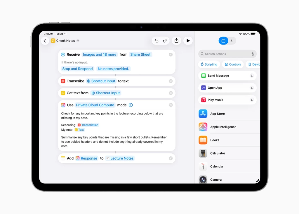 Shortcuts na iPadOS 26. Tak możesz wykorzystać Apple Intelligence Ekran tabletu z otwartą aplikacją do zarządzania notatkami i automatyzacjami, widoczne kolorowe ikony akcji po prawej stronie oraz lista działań i poleceń tekstowych po lewej stronie wyświetlacza.