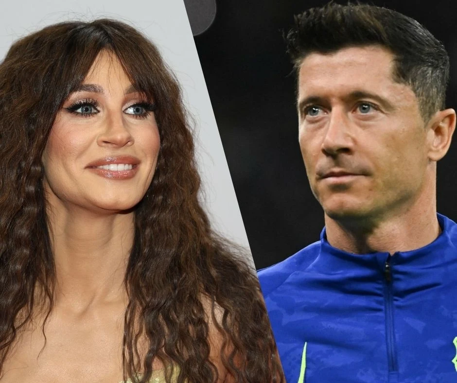 Sylwia Grzeszczak i Robert Lewandowski Dwie osoby w kadrze podzielonej na pół, kobieta z długimi, falowanymi włosami oraz mężczyzna w sportowej niebieskiej koszulce, oboje patrzą w różnych kierunkach, neutralne tło.