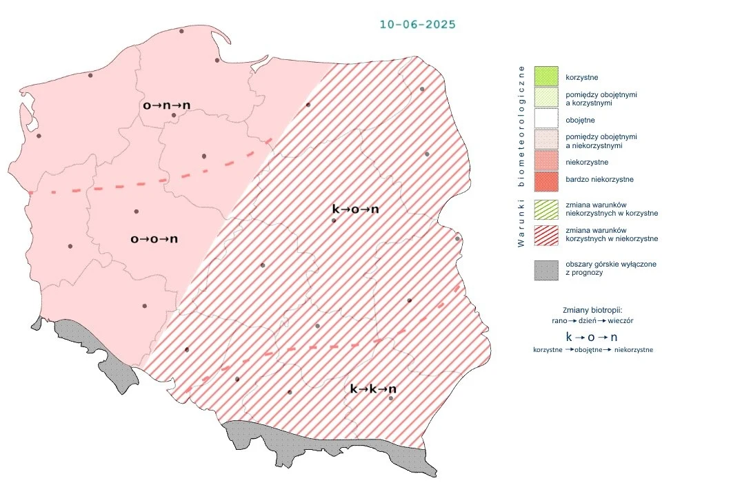 Początkowo korzystne warunki z czasem pogorszą w wielu miejscach do obojętnych, a wieczorem do niekorzystnych Mapa Polski prezentująca podział biometeorologiczny na dzień 10 czerwca 2025 roku, z wyraźnym rozróżnieniem stref korzystnych, obojętnych, niekorzystnych oraz przejściowych, ilustrowanych różnymi odcieniami i wzorami, wraz z legendą objaśniającą użyte ...