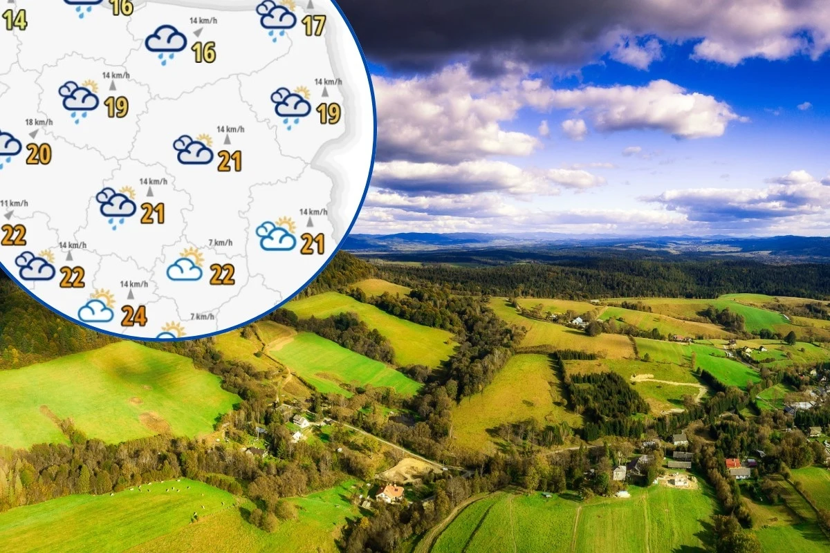 Wtorek będzie w wielu miejscach pochmurny i deszczowy, jednak burze mogą się pojawić jedynie na zachodzie. Na południowym wschodzie będzie sucho i spokojnie Pagórkowaty zielony krajobraz z rozproszonymi domami oraz gospodarstwami, nałożona graficznie prognoza pogody z mapą Polski, ikonami chmur, deszczu i temperaturami w różnych regionach.