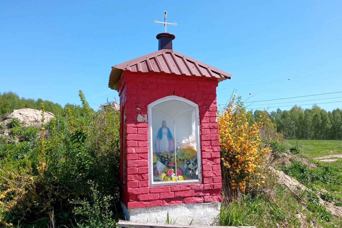 Zabytkowa kapliczka z XX. wieku w miejscowości Godowa. Czerwona murowana kapliczka z figurą Matki Boskiej oraz wiązanką sztucznych kwiatów wewnątrz, ustawiona na tle zieleni i błękitnego nieba, w otoczeniu dzikiej roślinności.