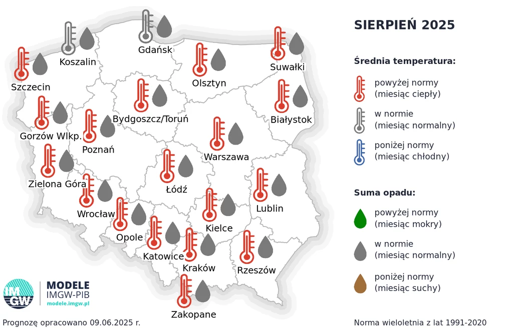 Pogoda w sierpniu będzie gorąca. Nie zabraknie też przelotnego deszczu i lokalnych burz Mapa Polski z symbolami przedstawiającymi przewidywane średnie temperatury i sumę opadów dla poszczególnych regionów w sierpniu 2025 roku; większość kraju prognozowana z temperaturami powyżej normy oraz opadami w normie lub poniżej normy, miejscami prz...