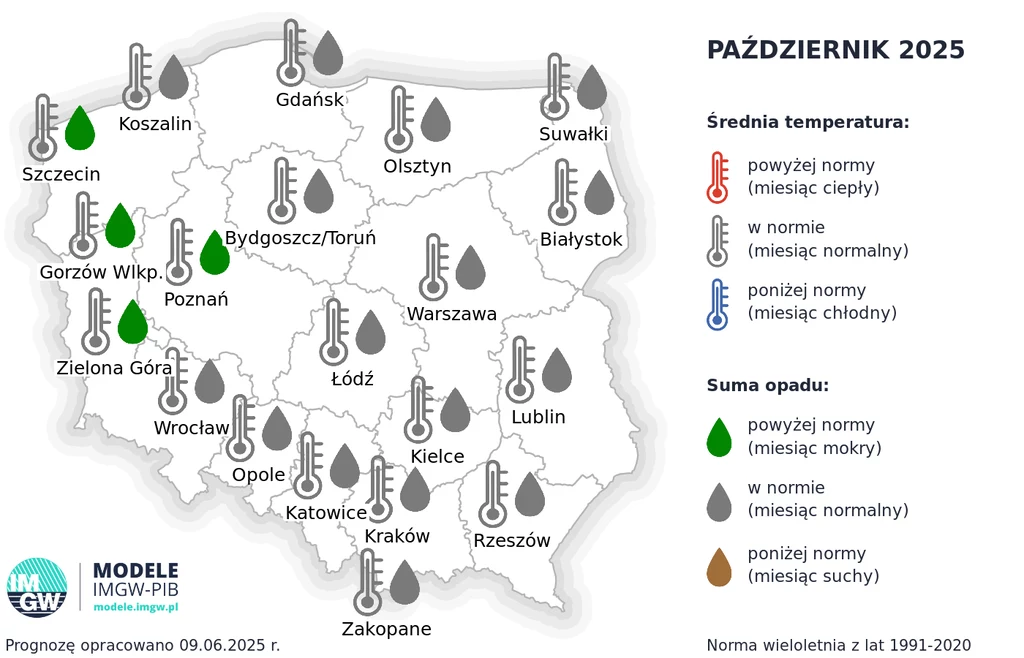 Początek jesieni pogodowo przebiegnie w sposób typowy dla tego okresu. Temperatury będą typowe dla października, a na zachodzie popada mocniej niż zwykle Mapa Polski z podziałem na województwa, ilustrująca prognozy średniej temperatury i sumy opadów na październik 2025 roku według różnych norm. Kolorowe symbole przedstawiają, które obszary kraju znajdą się powyżej normy, w normie lub poniżej normy dla t...