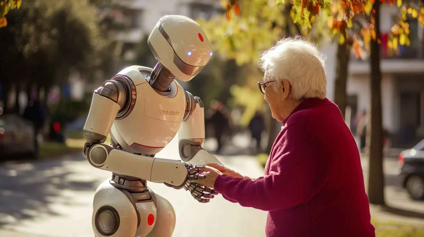 Dlaczego roboty z AI mogą dyskryminować i zagrażać ludziom? Starsza kobieta i robot humanoidalny trzymają się za ręce na ulicy w słoneczny dzień. Robot ma białą głowę i korpus, a kobieta ma na sobie bordowy sweter. W tle widać drzewa i budynki.