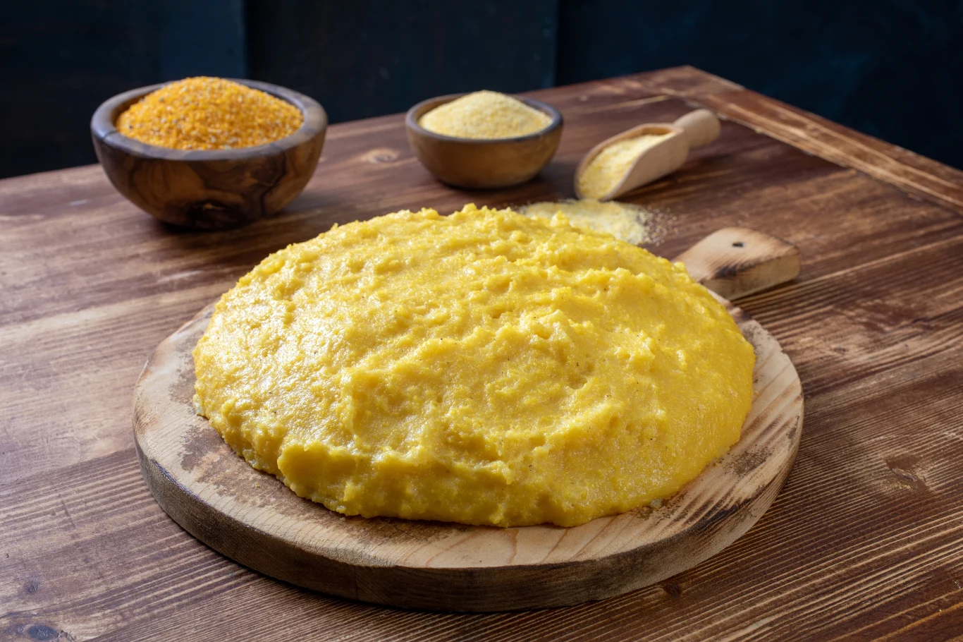 Żółta polenta, ugotowana i podana na drewnianej desce, otoczona miskami z mąką kukurydzianą i kaszą kukurydzianą, gotowa do podania i jedzenia. Polenta jest tradycyjnym włoskim daniem, przygotowywanym z mąki kukurydzianej, wody i soli. Jest gęsta, krem...