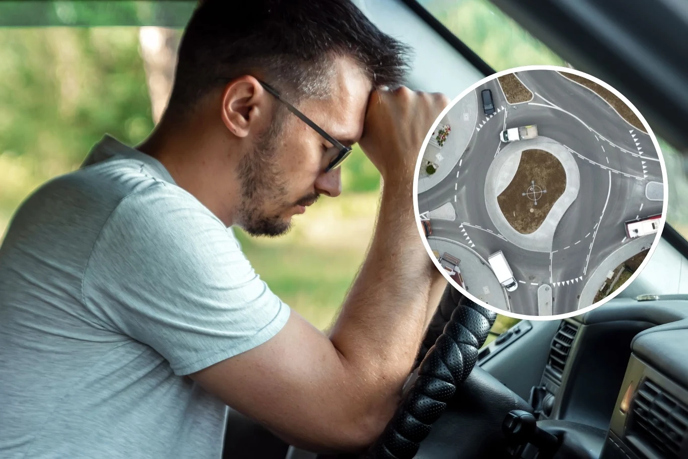 Rondo w Hałcnowie znalazło się w centrum medialnej burzy. Mężczyzna siedzi w samochodzie, trzymając się za głowę. Nałożony obraz ronda sugeruje, że może być zestresowany jazdą lub sytuacją na drodze
