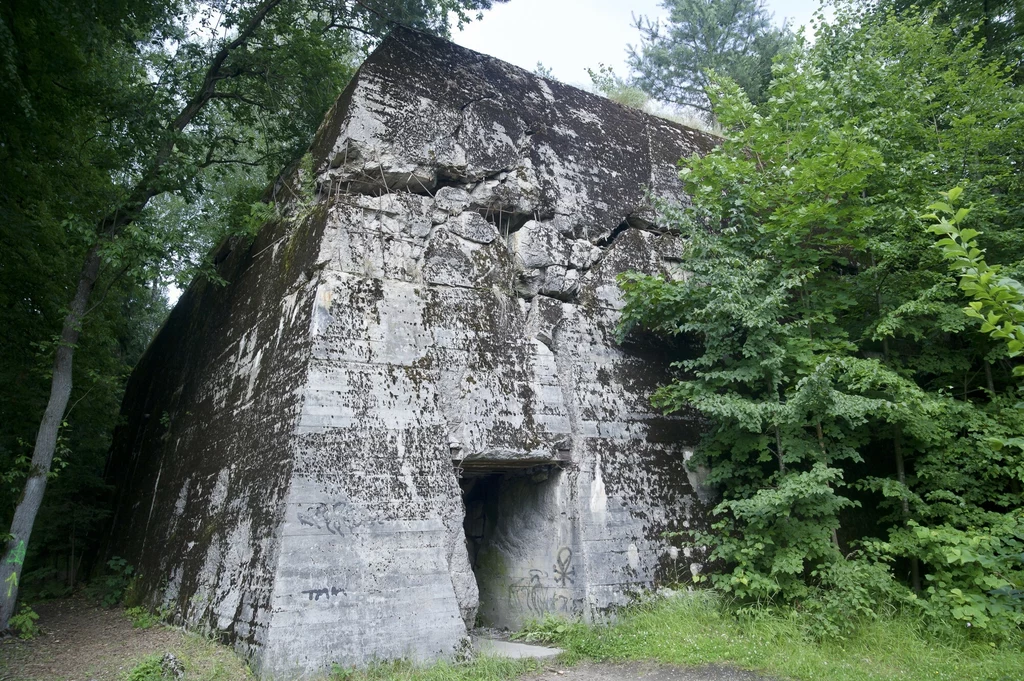 Masywny, betonowy bunkier, częściowo porośnięty mchem i roślinnością, stoi na skraju lasu. Widoczne jest wejście do bunkra, a na jego ścianach znajdują się graffiti