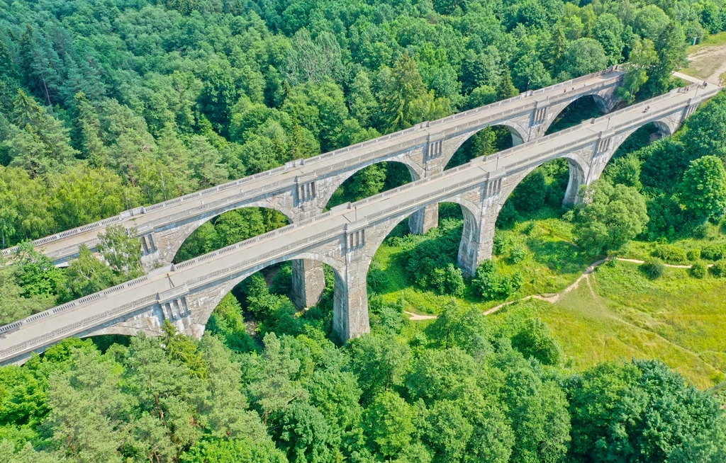 Dwa wysokie wiadukty kolejowe przecinają bujny, zielony krajobraz. Ich łukowate konstrukcje tworzą elegancki kontrast z naturalnym otoczeniem. Widok z lotu ptaka ukazuje imponujący rozmiar i architekturę mostów, podkreślając ich harmonijne wpasowanie w...
