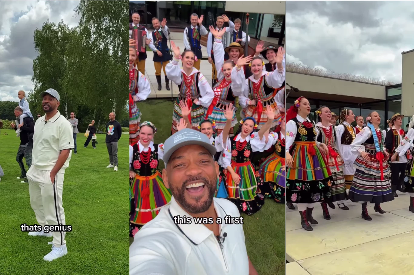 Will Smith i grupa ludzi w polskich strojach ludowych, prawdopodobnie zespół folklorystyczny. Will Smith robi sobie selfie z zespołem, a na innym ujęciu widać go na trawniku z dzieckiem na barana i grupą ludzi w tle. Na zdjęciu jest także tekst 'thats ...