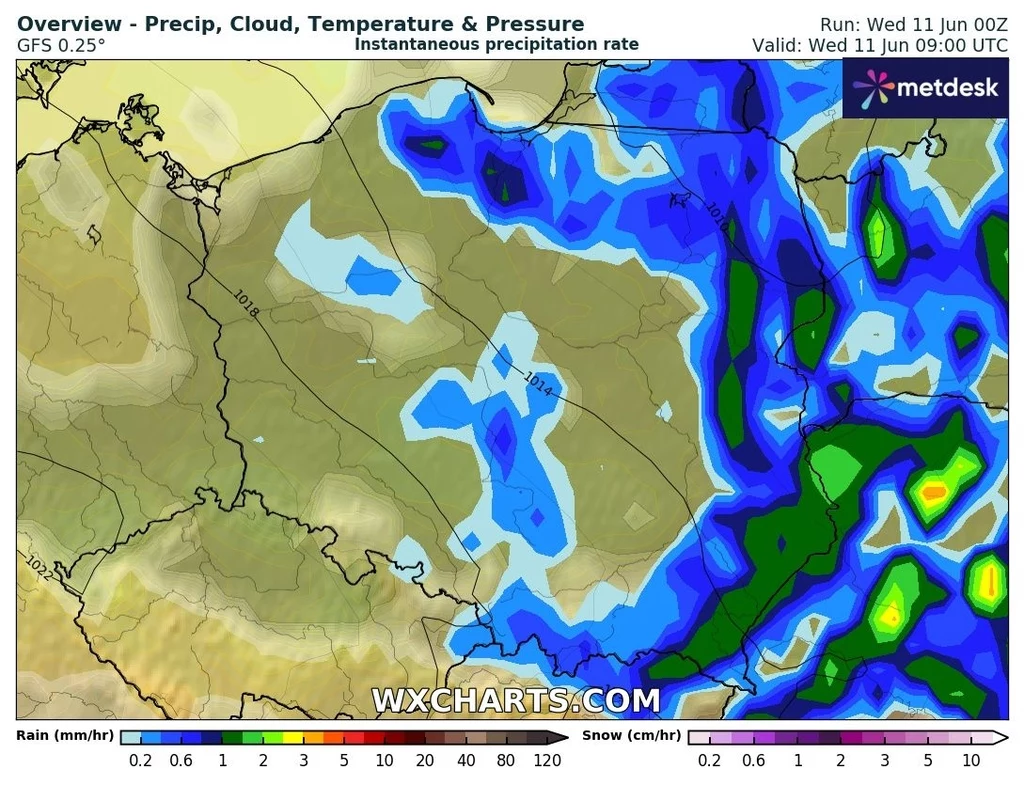 Najgorsza pogoda zapanuje na wschodzie, gdzie pojawią się burze Mapa meteorologiczna z zaznaczonymi obszarami opadów deszczu i śniegu. Skala barwna od zielonego do niebieskiego i czerwonego wskazuje intensywność opadów. Na mapie zaznaczone są również linie izobar, wskazujące ciśnienie atmosferyczne. W prawym górnym...