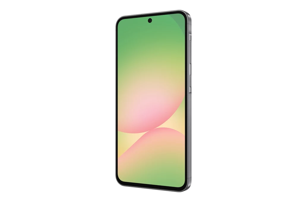 Pliki i dane osobiste w nowych modelach Galaxy (A56 5G oraz Galaxy A36 5G) pozostają bezpieczne dzięki Samsung Knox Vault z certyfikatem EAL5+ Nowoczesny smartfon z dużym ekranem, wyświetlający pastelowe, zielono-różowe tło, widoczny z lekkiego boku, z cienkimi ramkami i jednolitą konstrukcją.