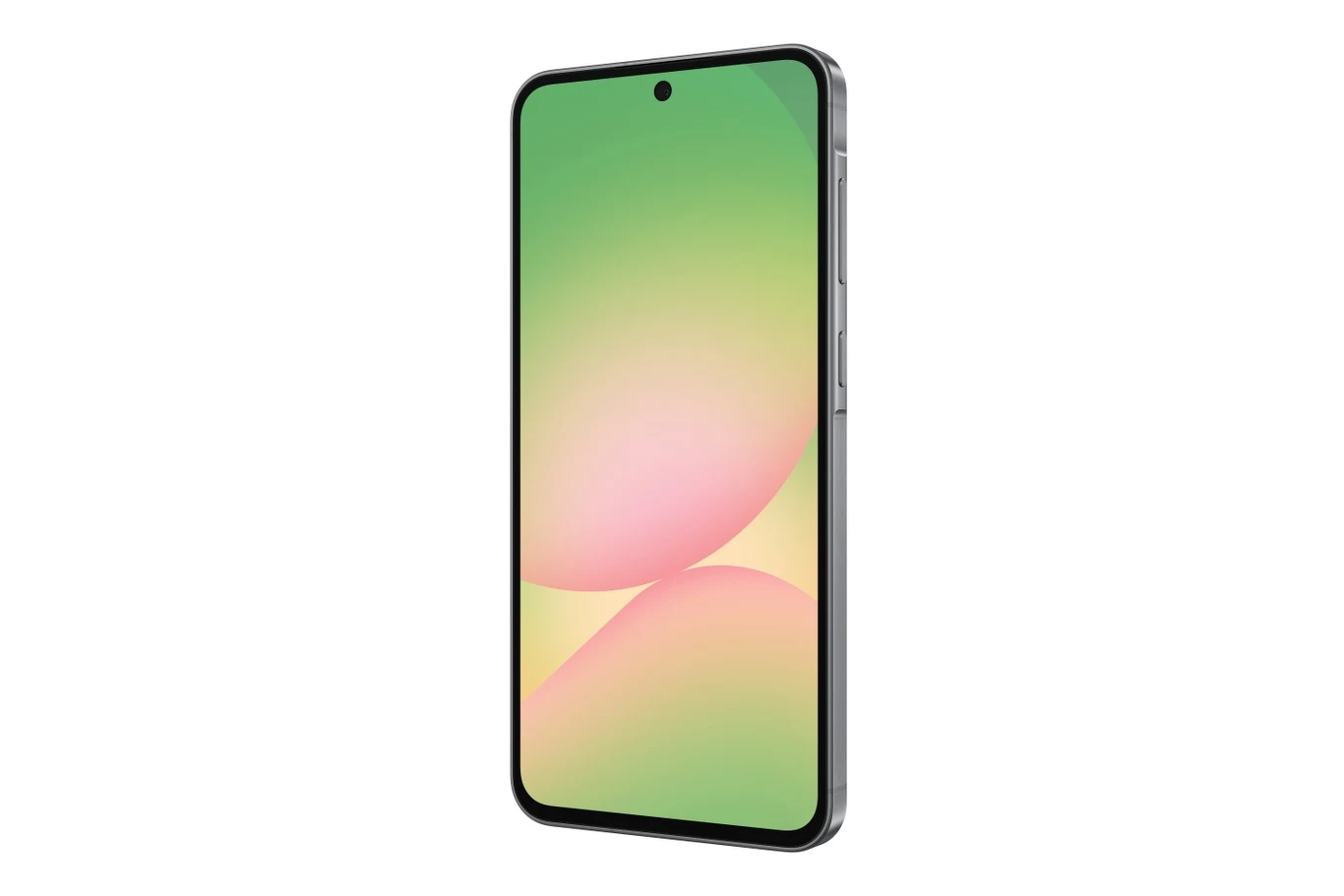 Pliki i dane osobiste w nowych modelach Galaxy (A56 5G oraz Galaxy A36 5G) pozostają bezpieczne dzięki Samsung Knox Vault z certyfikatem EAL5+ Nowoczesny smartfon z dużym ekranem, wyświetlający pastelowe, zielono-różowe tło, widoczny z lekkiego boku, z cienkimi ramkami i jednolitą konstrukcją.