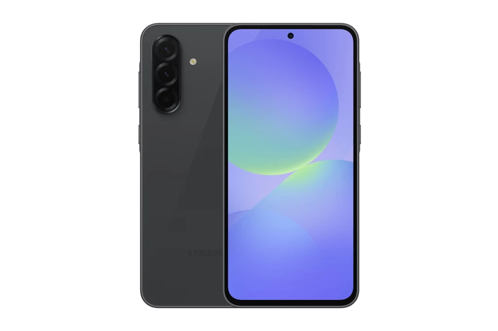 Telefony Galaxy A36 i A56 to aż sześć lat bezpłatnych aktualizacji systemu operacyjnego, co oznacza sprawne działanie przez długi czas Czarny nowoczesny smartfon z trzema obiektywami aparatu na tylnej obudowie oraz dużym kolorowym wyświetlaczem na przednim panelu.