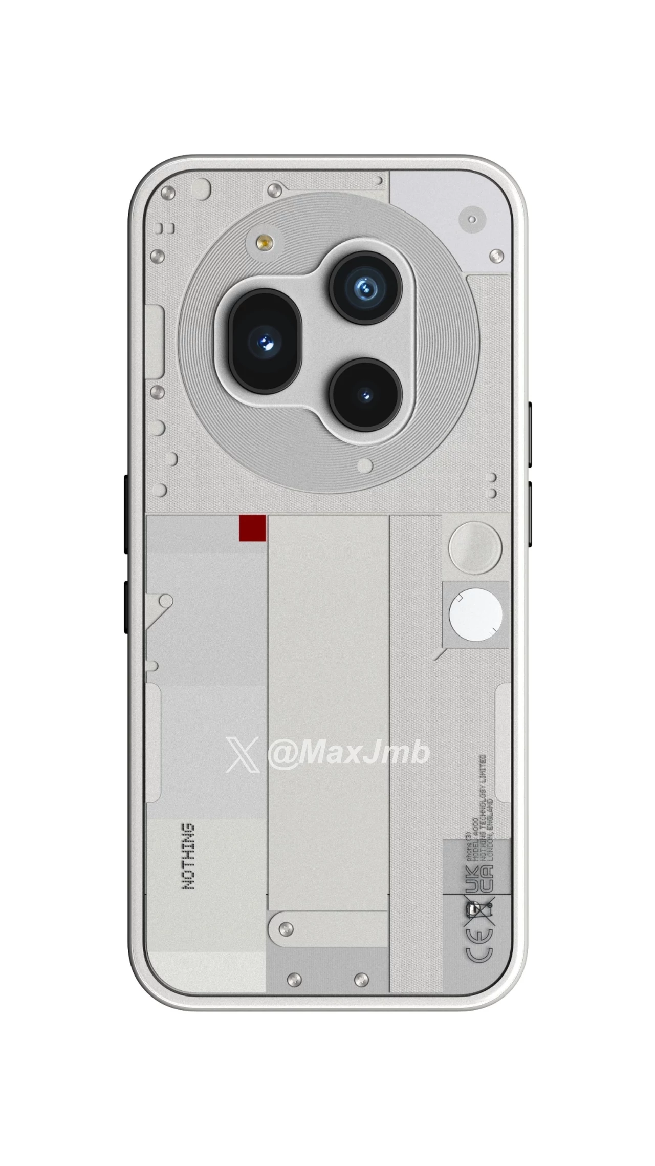 Tak wygląda smartfon Nothing Phone 3. Smartfon z przezroczystą obudową, na której widoczne są elementy elektroniki oraz wystające trzy obiektywy aparatu fotograficznego, całość w jasnej kolorystyce z drobnymi, ciemnymi detalami.