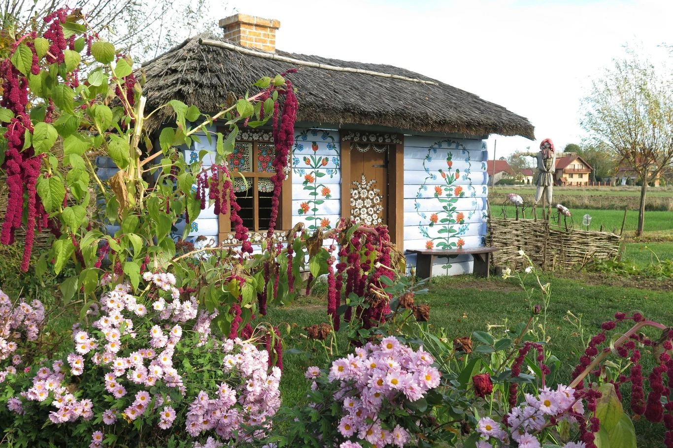 Zalipie, malowana wieś Mały domek z drewnianych bali o niebieskich ścianach zdobionych kolorowymi malunkami kwiatów, kryty strzechą, otoczony bujnym ogrodem pełnym różowych i purpurowych kwiatów oraz tradycyjnym płotkiem z gałęzi. W tle widoczne zielone pola i kolejny budynek.