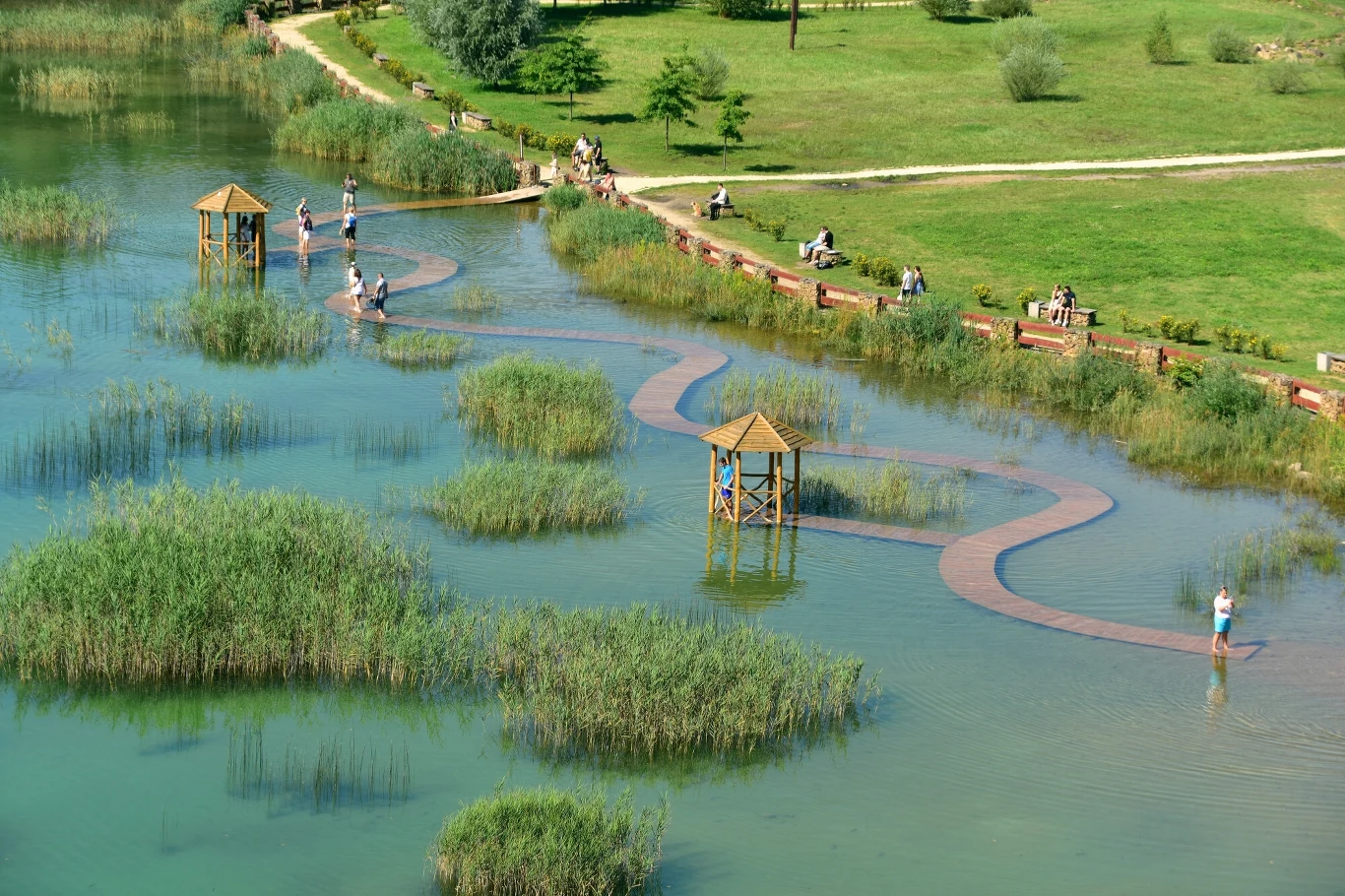 Jaworzno Park - śląskie Malediwy Drewniany pomost wijący się pośród jeziora z trzcinami, kilka osób spaceruje po kładce, a na brzegu znajdują się ławki i osoby odpoczywające na zielonej trawie.