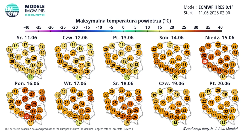 Upału można się spodziewać w niedzielę i poniedziałek Mapa Polski z prognozą maksymalnych temperatur powietrza na każdy dzień od 11 do 20 czerwca 2025 roku, każdy dzień przedstawiony na osobnej grafice, wartości temperatur oznaczone kolorami i liczbami w poszczególnych regionach kraju.